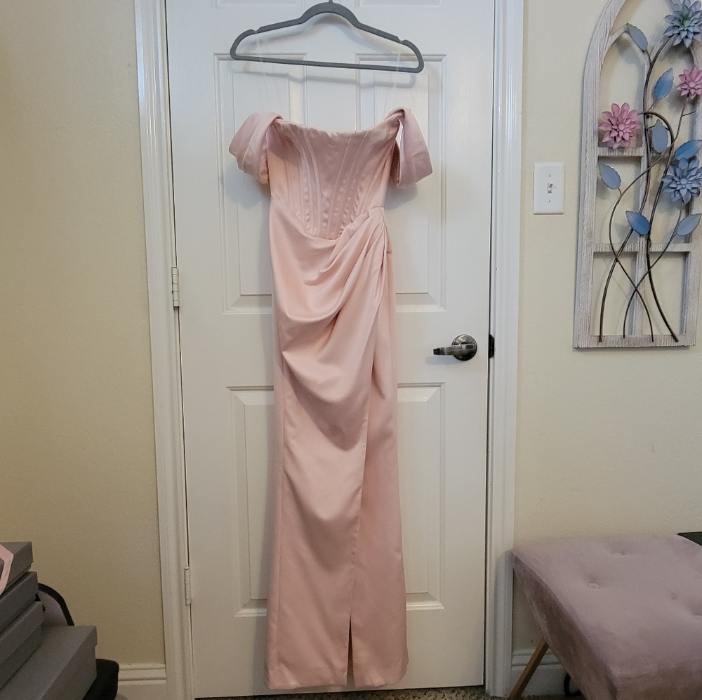 SOLD House of CB Genevieve Satin Blush Dress - Picture 4 of 10